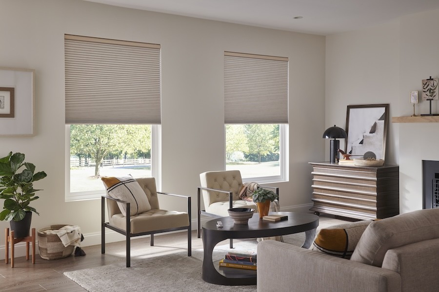 Lutron automated blinds dawn halfway in two windows in a living room.