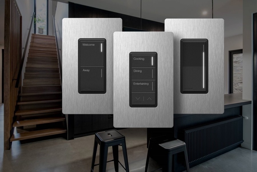 Three Lutron lighting keypads with the buttons “Welcome,” “Away,” “Cooking,” “Dining,” and “Entertaining.” In the background is a modern home and staircase. 