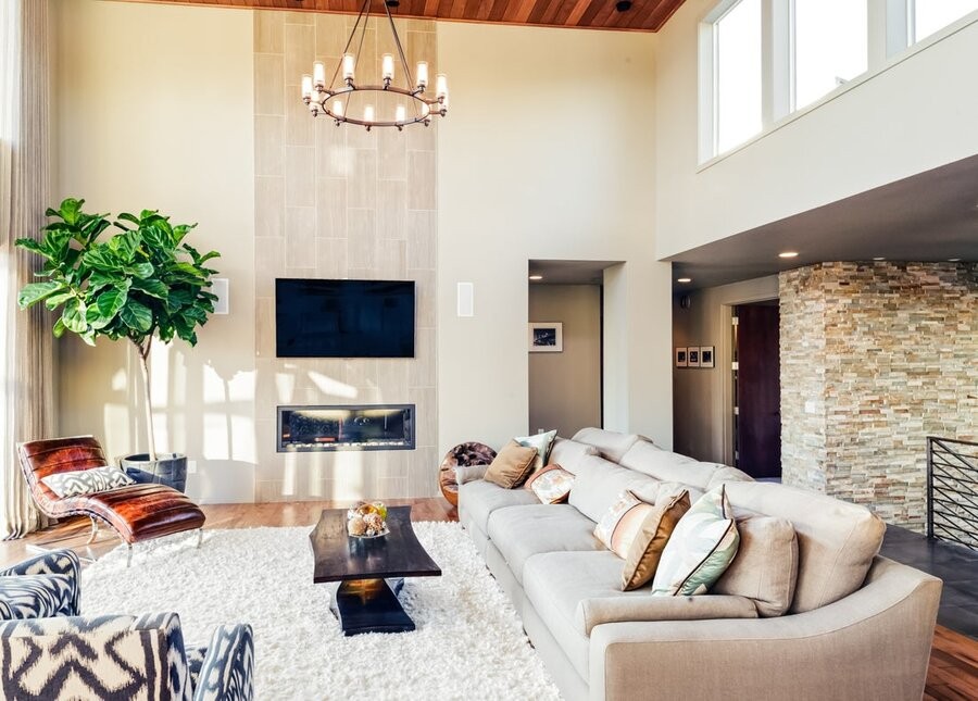 A smart home living space featuring various smart home automation solutions.